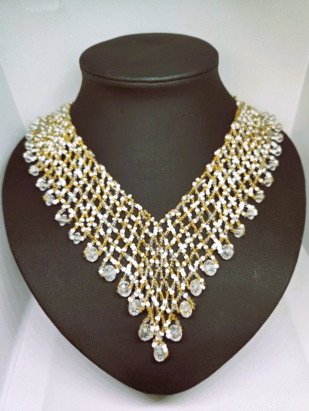 Clear Faceted Bead & White Seed Bead Bib Statement Necklace